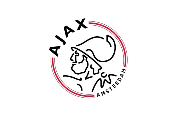 Het logo van AFC Ajax met een gestileerde afbeelding van de Griekse held Ajax in profiel, omcirkeld door rode lijnen en de tekst "AJAX AMSTERDAM".