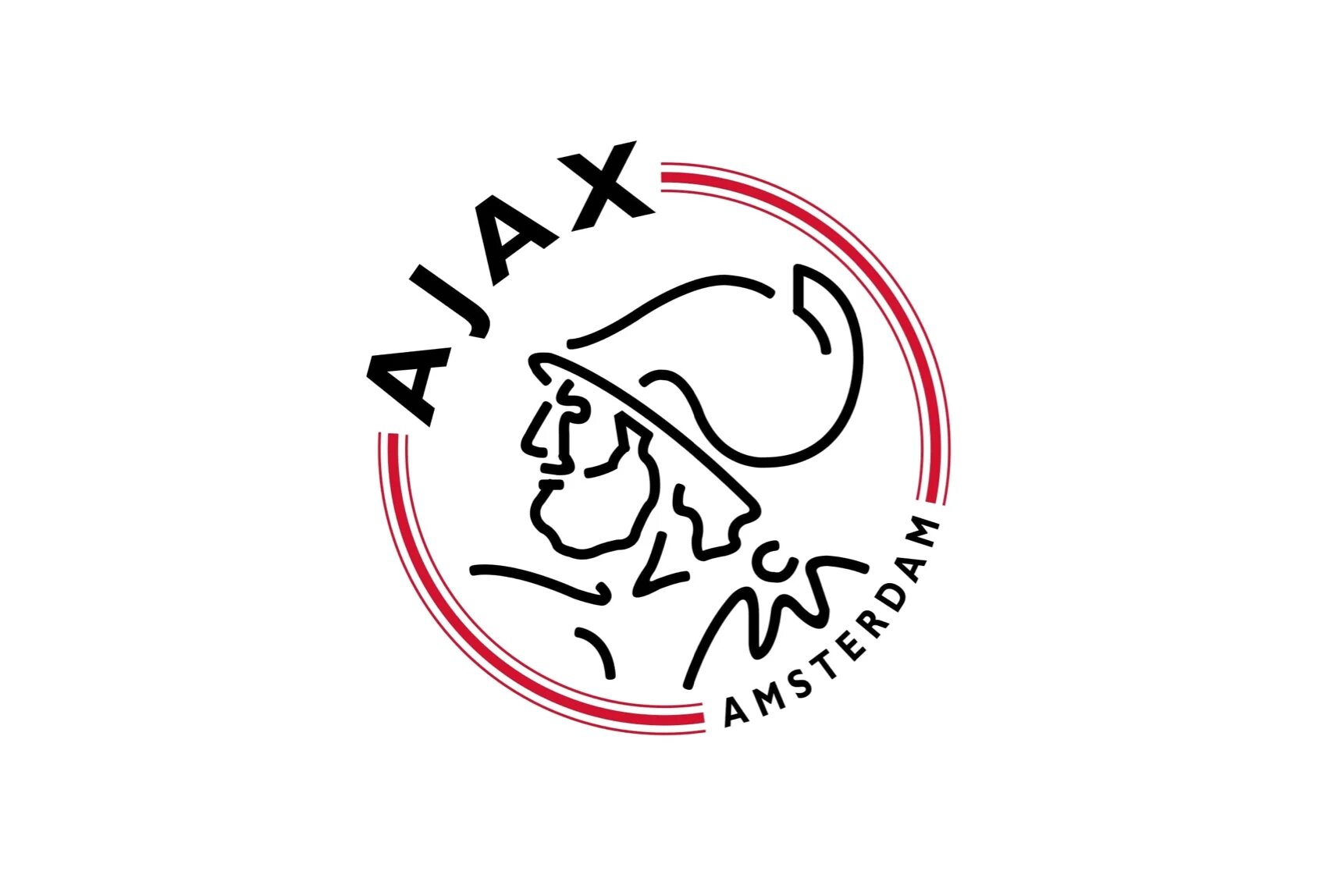 Het logo van AFC Ajax met een gestileerde afbeelding van de Griekse held Ajax in profiel, omcirkeld door rode lijnen en de tekst "AJAX AMSTERDAM".