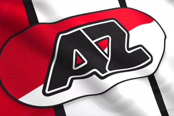 AZ Alkmaar club logo on a waving flag with the club's traditional red, white, and black colors.