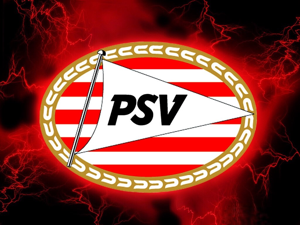 Logo van PSV Eindhoven op een achtergrond van rood en zwart. Het logo toont een witte vlag met daarop de letters "PSV" in zwarte letters, omlijst door een rood-witte achtergrond met gouden details.